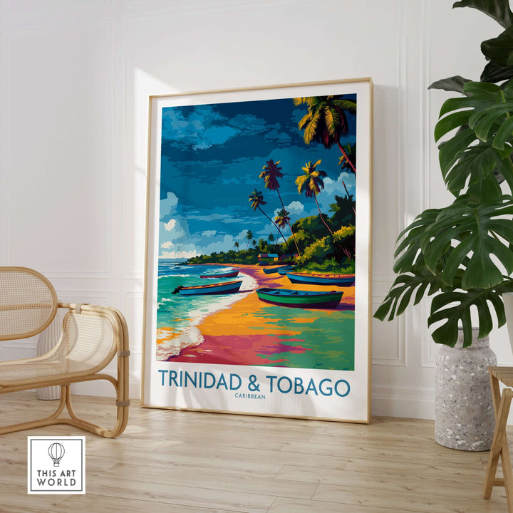 Trinidad & Tobago Print | Tropical Caribbean Poster showcasing vibrant palm trees and beach scenery.