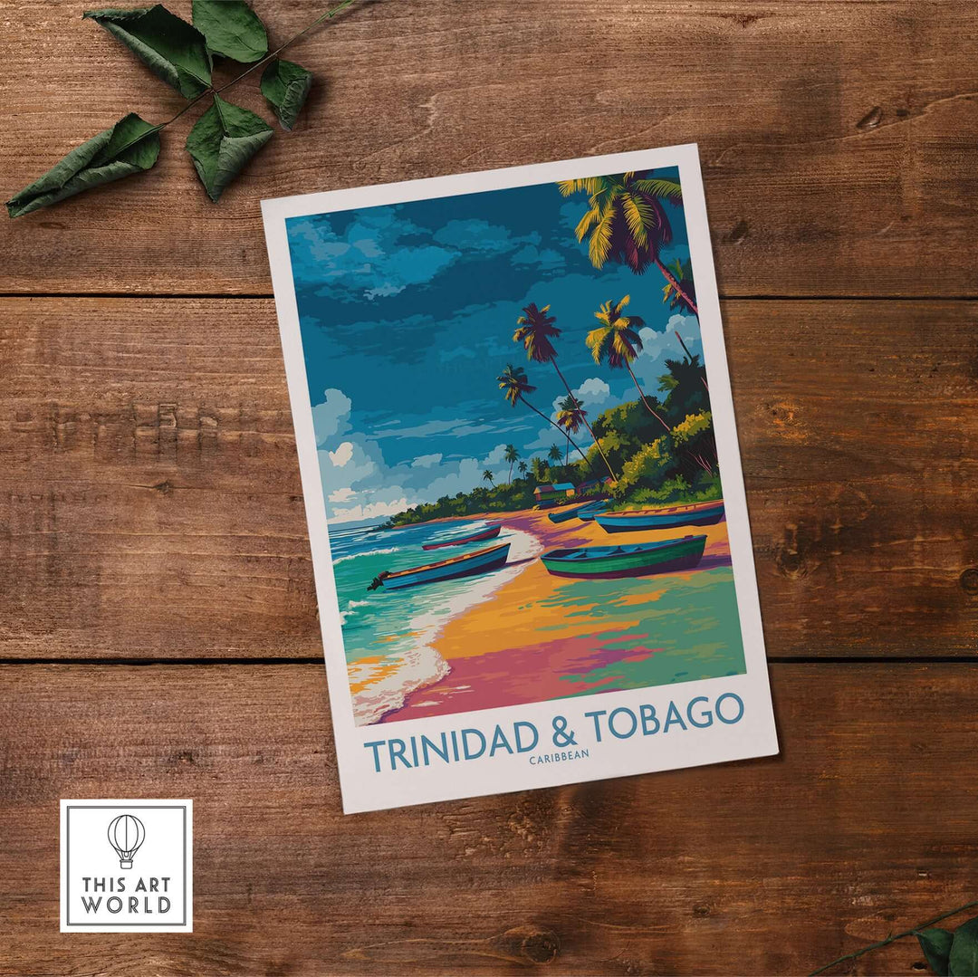 Trinidad & Tobago Print | Tropical Caribbean Poster displaying a vibrant beach scene with palm trees.