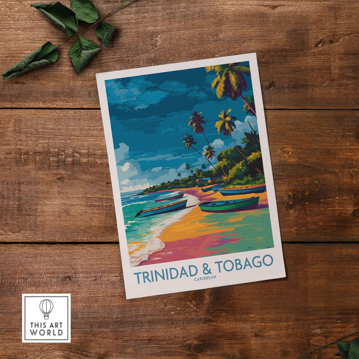 Trinidad & Tobago Print | Tropical Caribbean Poster displaying a vibrant beach scene with palm trees.