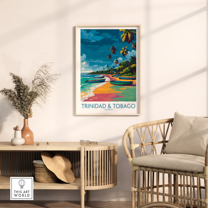 Trinidad & Tobago Print | Tropical Caribbean Poster featuring vibrant beach and palm trees in a stylish interior setting.