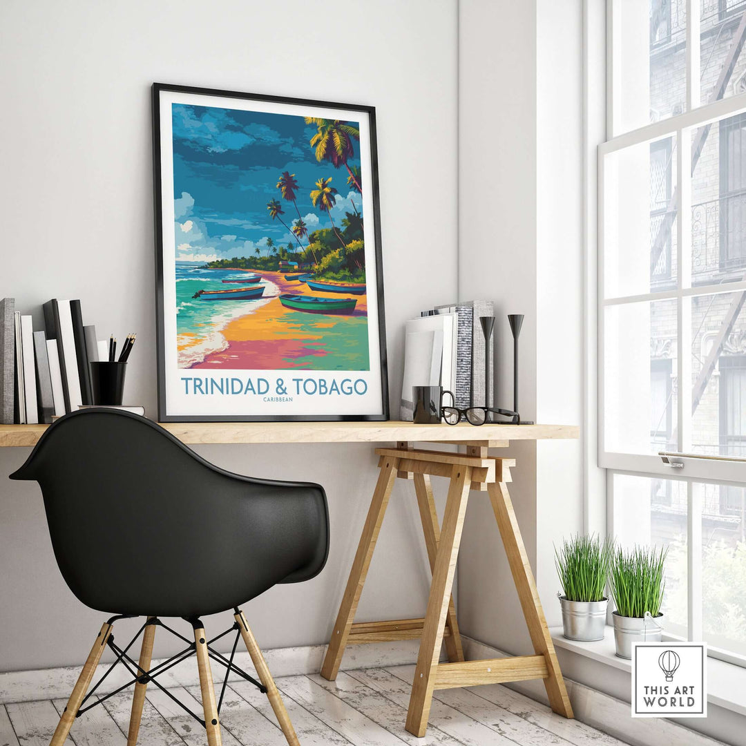 Trinidad & Tobago Print | Tropical Caribbean Poster displayed in a modern workspace with a black chair and tropical decor.