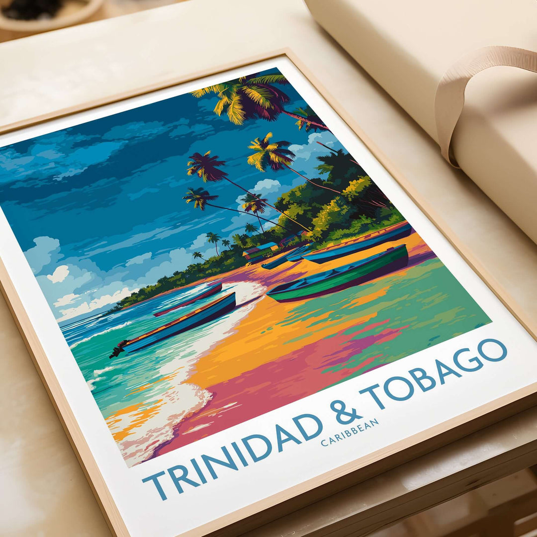 Trinidad & Tobago Print | Tropical Caribbean Poster showcasing palm trees and colorful beaches.