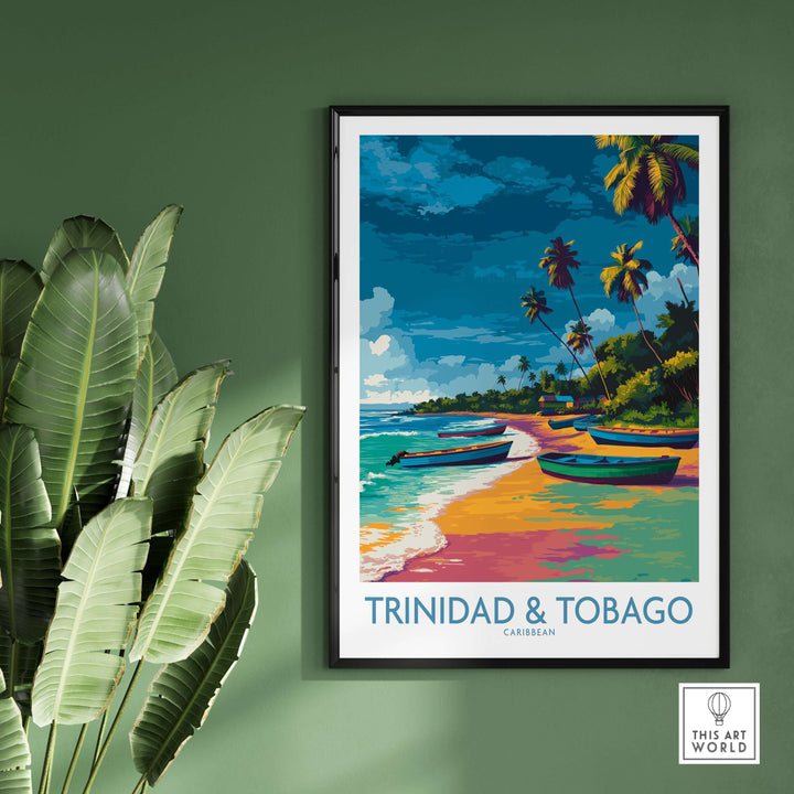Trinidad & Tobago Print | Tropical Caribbean Poster featuring vibrant beach and palm trees.