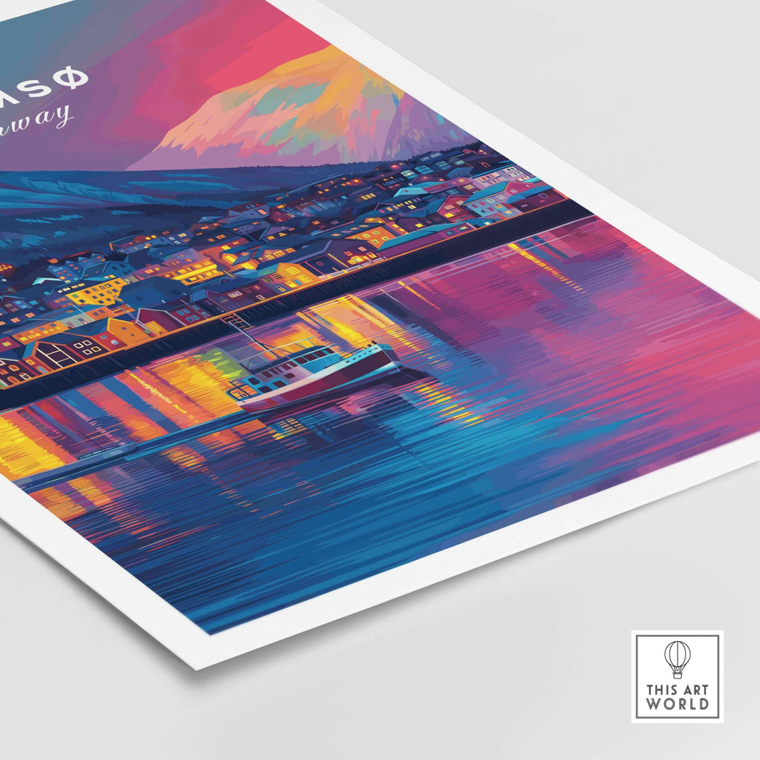 Tromsø Arctic City Lights and Aurora Sky Print | Nordic Travel Art showcasing vibrant city lights and Northern Lights reflection.