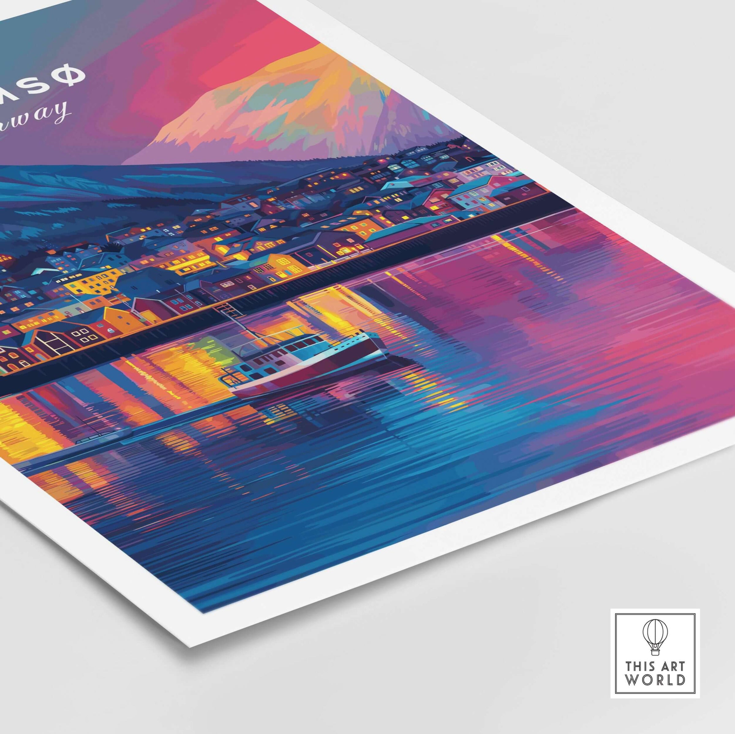 Tromsø Arctic City Lights and Aurora Sky Print | Nordic Travel Art depicting vibrant city lights and Northern Lights reflection.