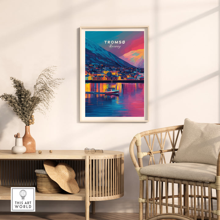 Tromsø Arctic City Lights and Aurora Sky Print | Nordic Travel Art displayed in a cozy living space with natural decor.