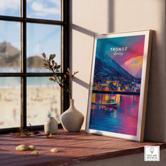 Tromsø Arctic City Lights and Aurora Sky Print | Nordic Travel Art displayed in a sunlit interior.
