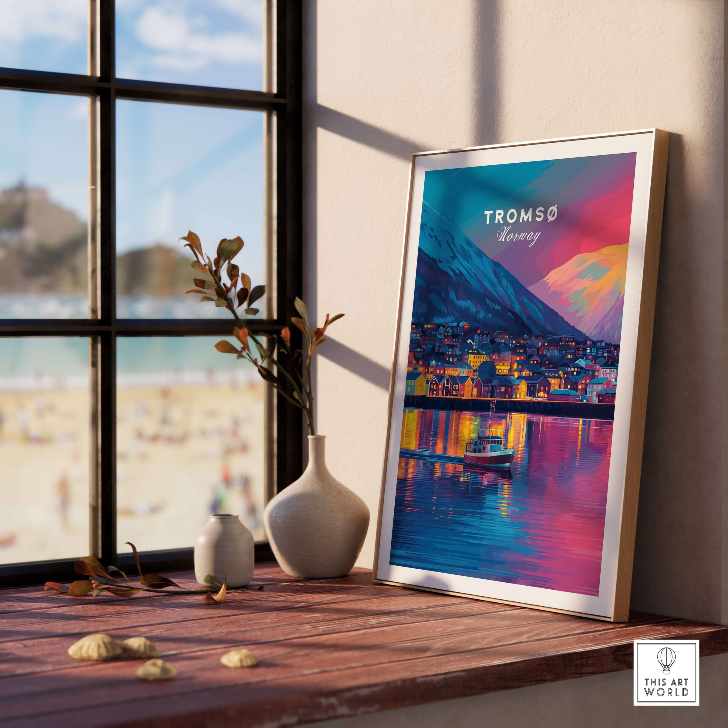 Tromsø Arctic City Lights and Aurora Sky Print | Nordic Travel Art displayed in a sunlit interior.