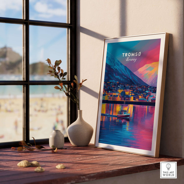 Tromsø Arctic City Lights and Aurora Sky Print | Nordic Travel Art displayed in a modern interior setting.