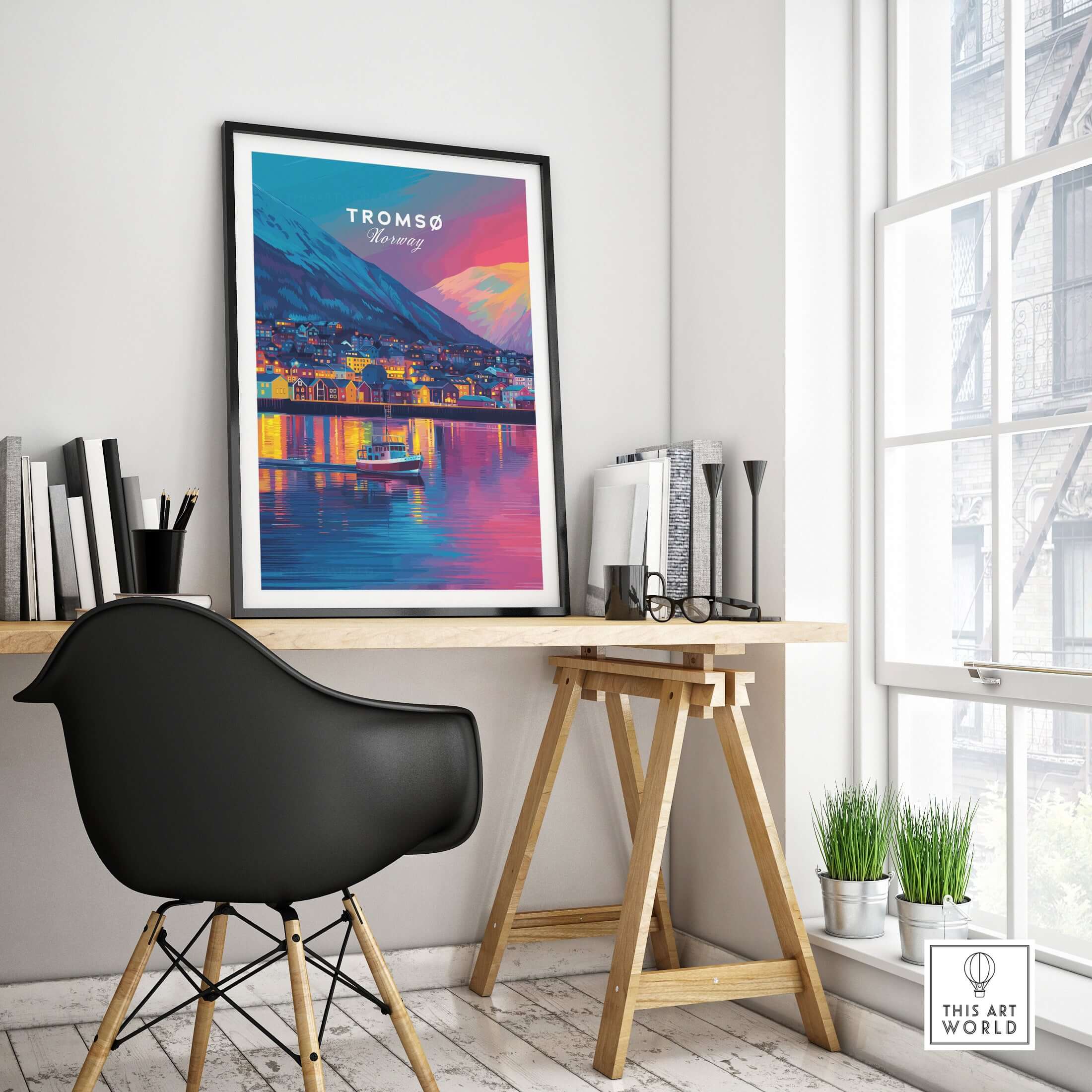 Tromsø Arctic City Lights and Aurora Sky Print | Nordic Travel Art displayed in a modern workspace.
