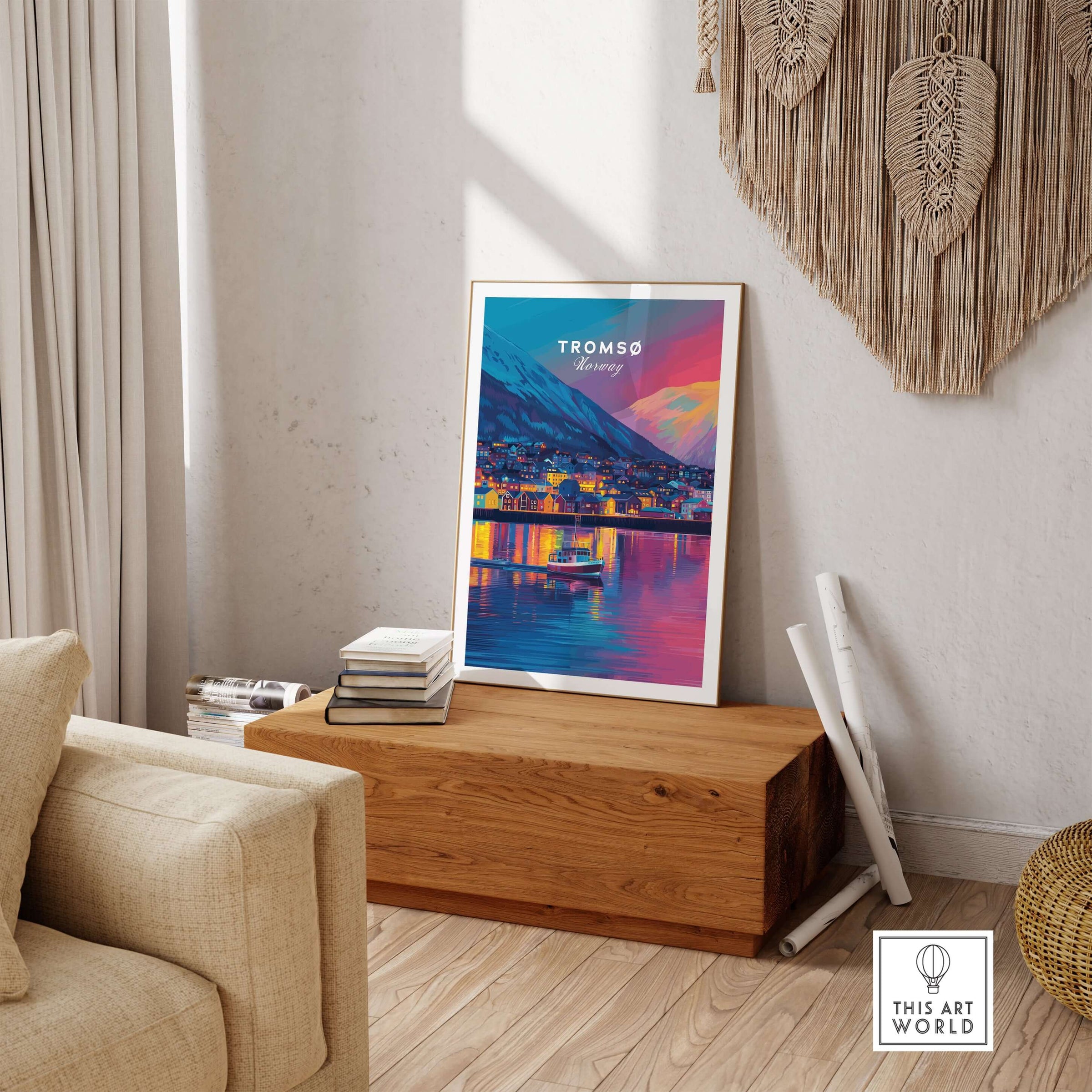 Tromsø Arctic City Lights and Aurora Sky Print | Nordic Travel Art on a wooden table in a cozy living space.