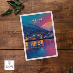 Tromsø Arctic City Lights and Aurora Sky Print | Nordic Travel Art, colorful artwork of Tromsø at night.