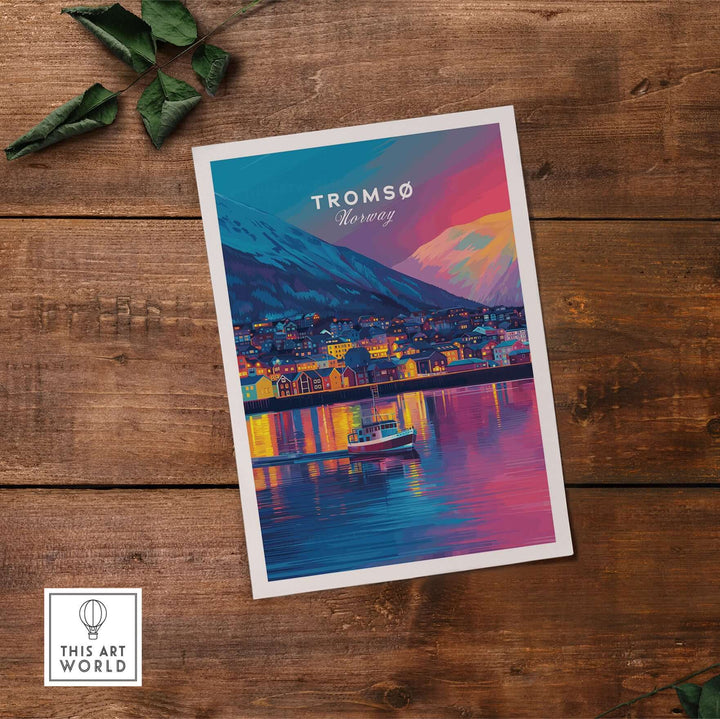 Tromsø Arctic City Lights and Aurora Sky Print | Nordic Travel Art showcased on textured wood background.