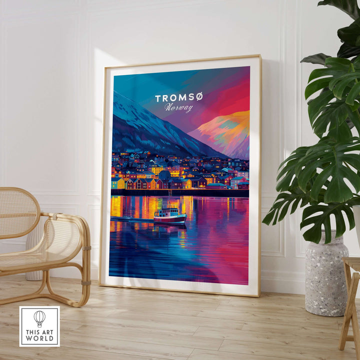 Tromsø Arctic City Lights and Aurora Sky Print | Nordic Travel Art displayed in a modern interior setting.
