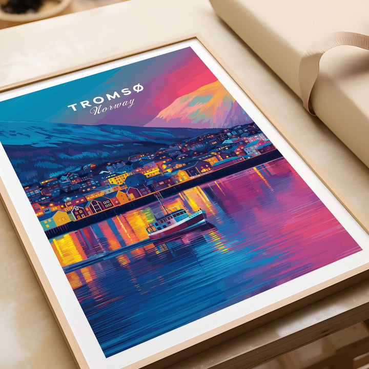 Tromsø Arctic City Lights and Aurora Sky Print | Nordic Travel Art, vibrant urban scene with boat reflecting in water.