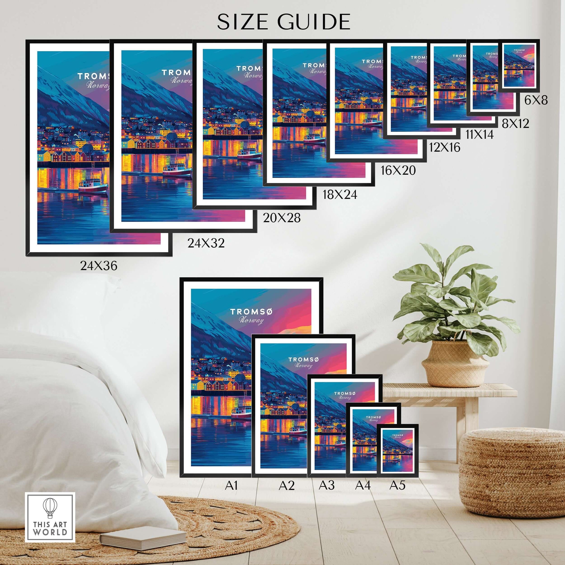 Tromsø Arctic City Lights and Aurora Sky Print | Nordic Travel Art size guide showcasing various frame sizes.