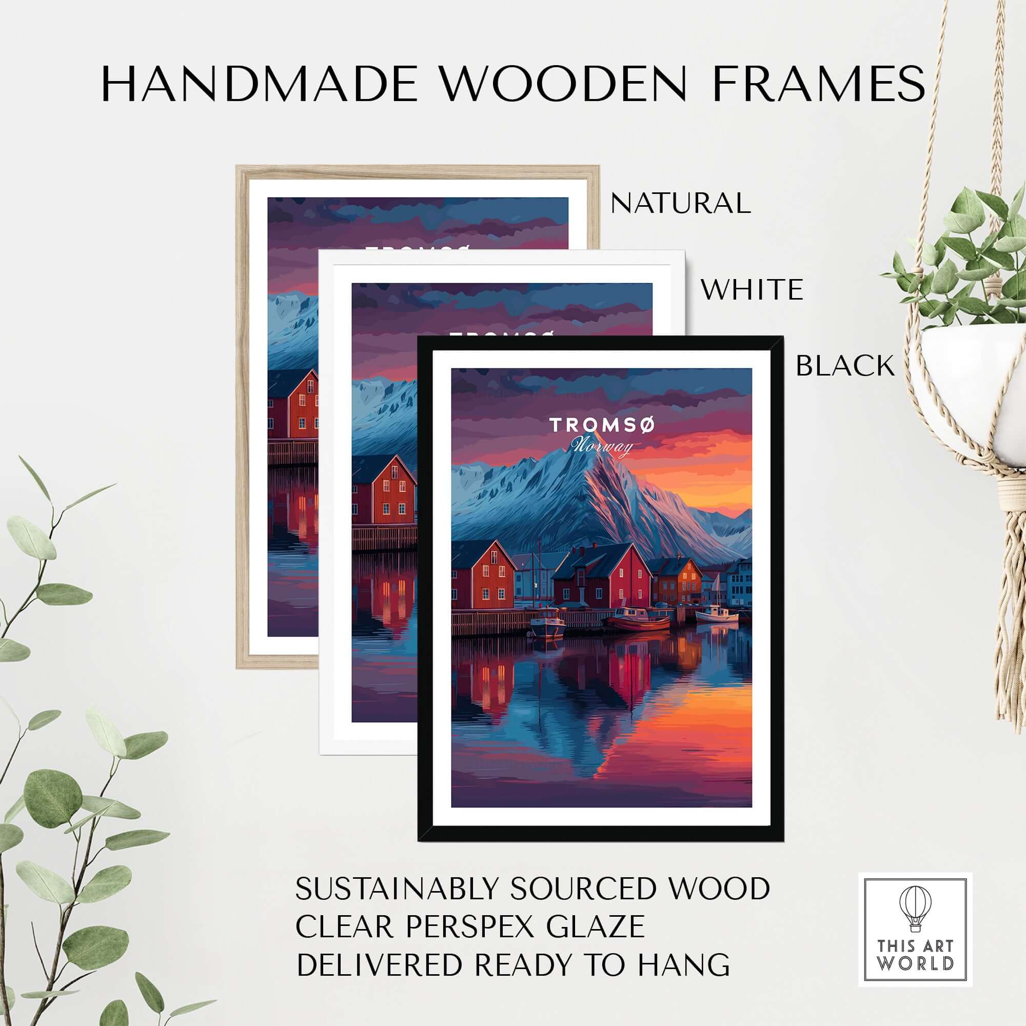 Tromsø Poster Arctic Fjord Town Print | Norwegian Wall Art in handmade wooden frames.