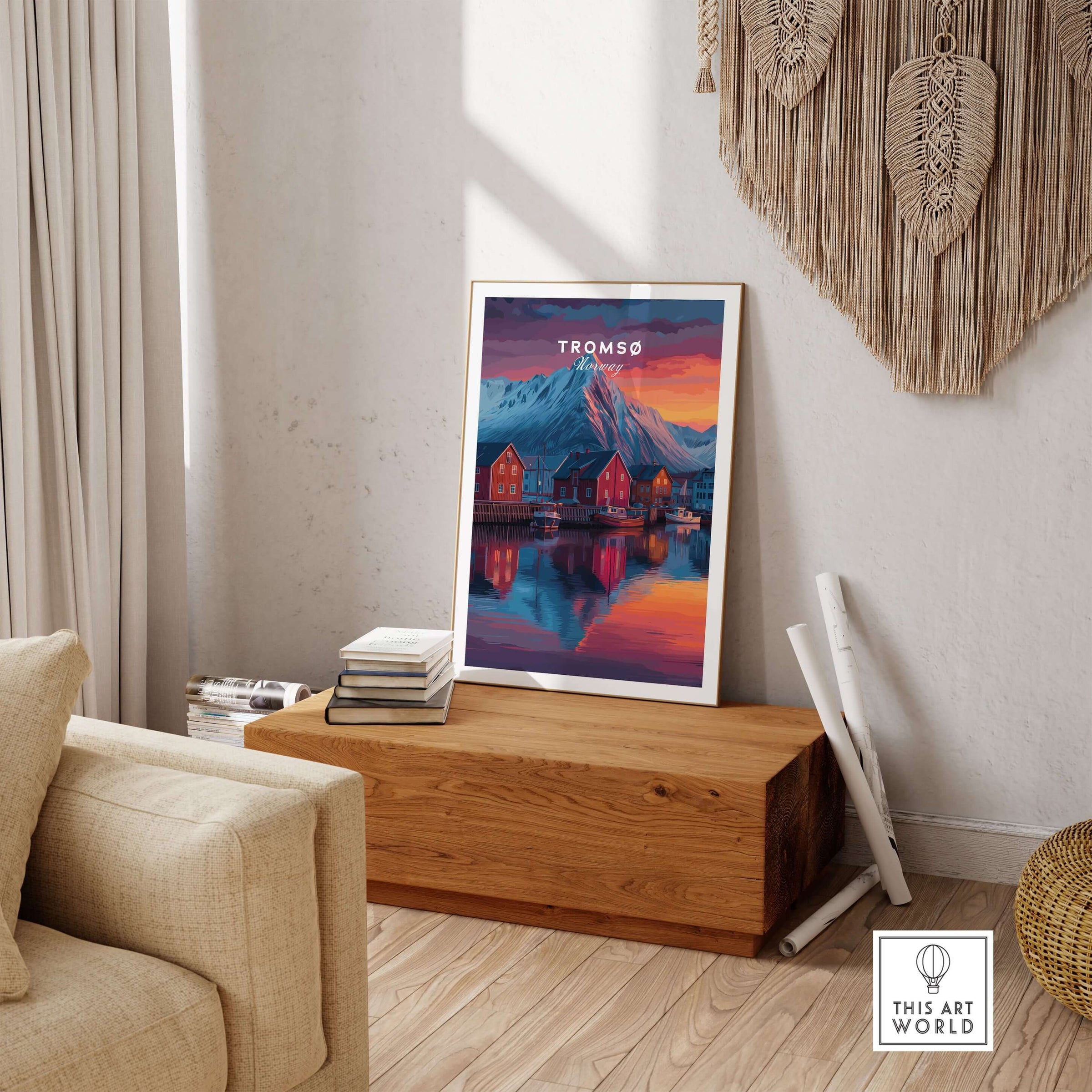 Tromsø Poster Arctic Fjord Town Print | Norwegian Wall Art displayed in a cozy interior with wood accents.