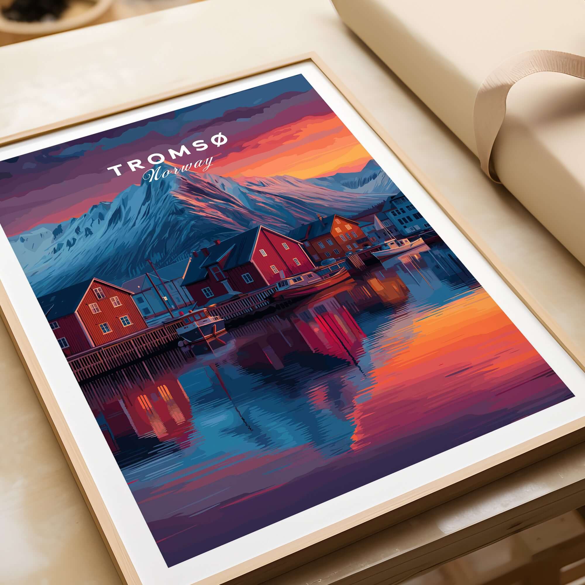 Tromsø Poster Arctic Fjord Town Print | Norwegian Wall Art showcasing vibrant sunset over fjord town in Norway.