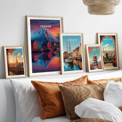 Tromsø Poster Arctic Fjord Town Print | Norwegian Wall Art showcased among other city posters on a stylish wall.