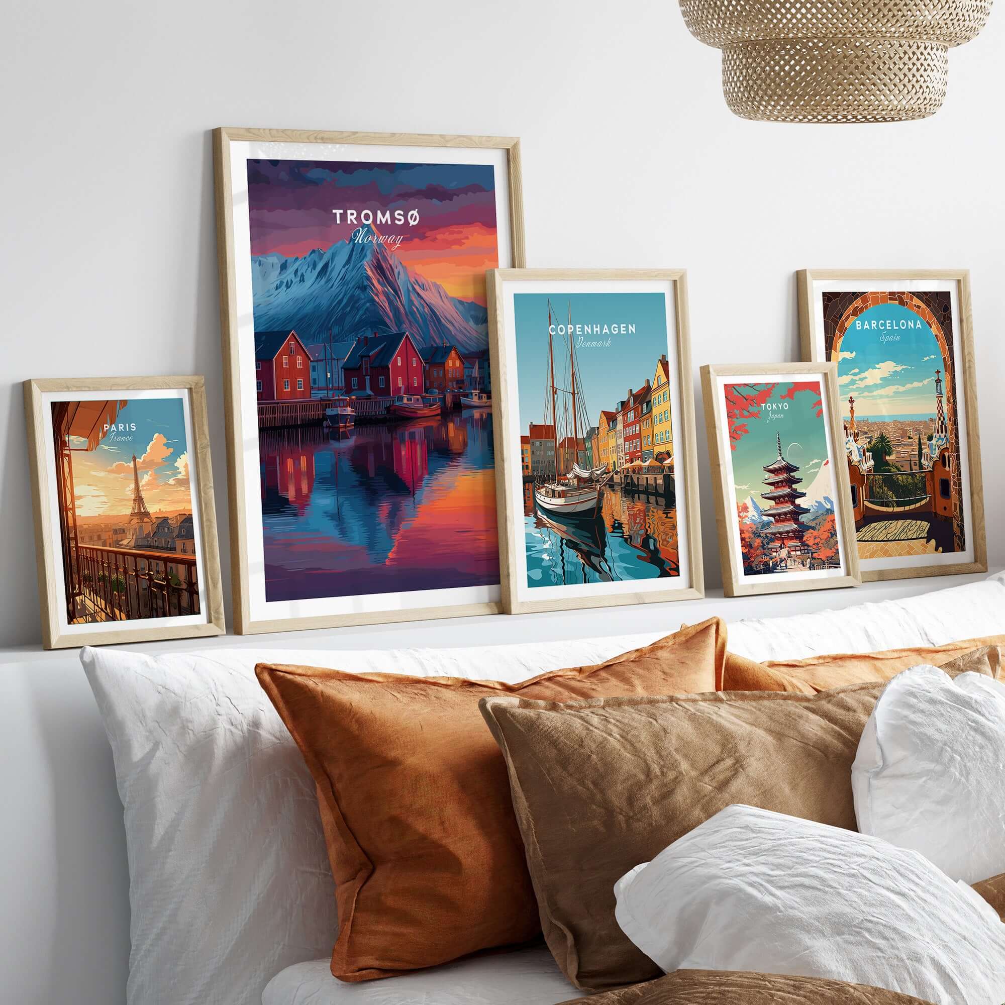 Tromsø Poster Arctic Fjord Town Print | Norwegian Wall Art showcased among other city posters on a stylish wall.