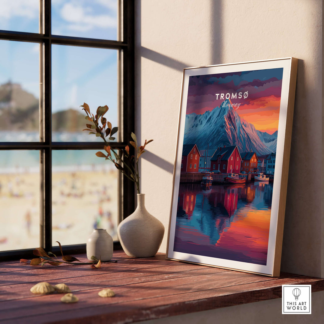 Tromsø Poster Arctic Fjord Town Print | Norwegian Wall Art displayed on a wooden table near a sunny window.