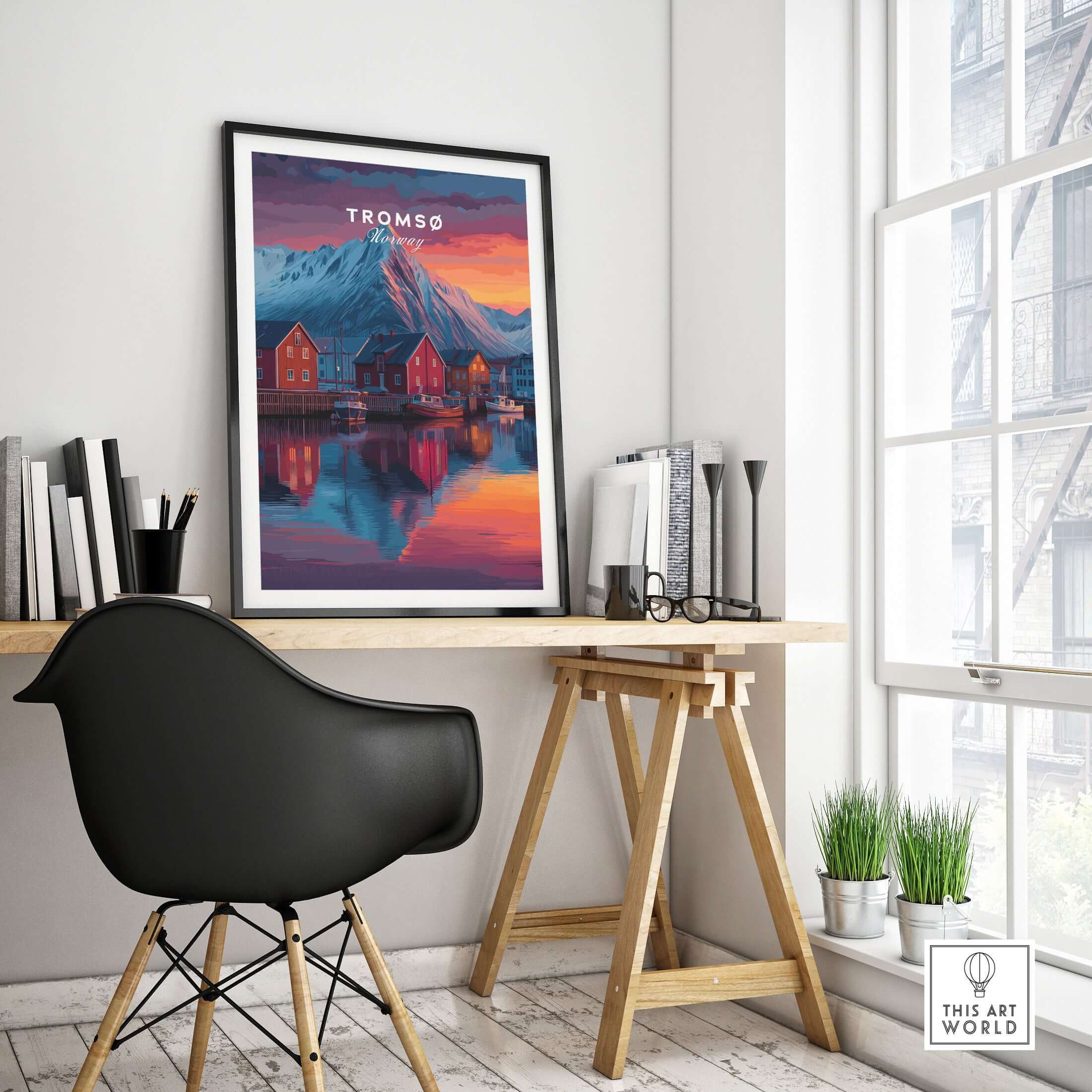 Tromsø Poster Arctic Fjord Town Print | Norwegian Wall Art showcased in a modern workspace setting.