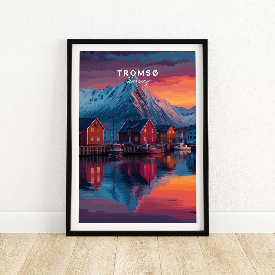 Tromsø Poster Arctic Fjord Town Print | Norwegian Wall Art featuring a picturesque fjord town in vibrant colors.
