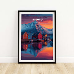 Tromsø Poster Arctic Fjord Town Print | Norwegian Wall Art showcasing vibrant Arctic landscape and colorful houses.