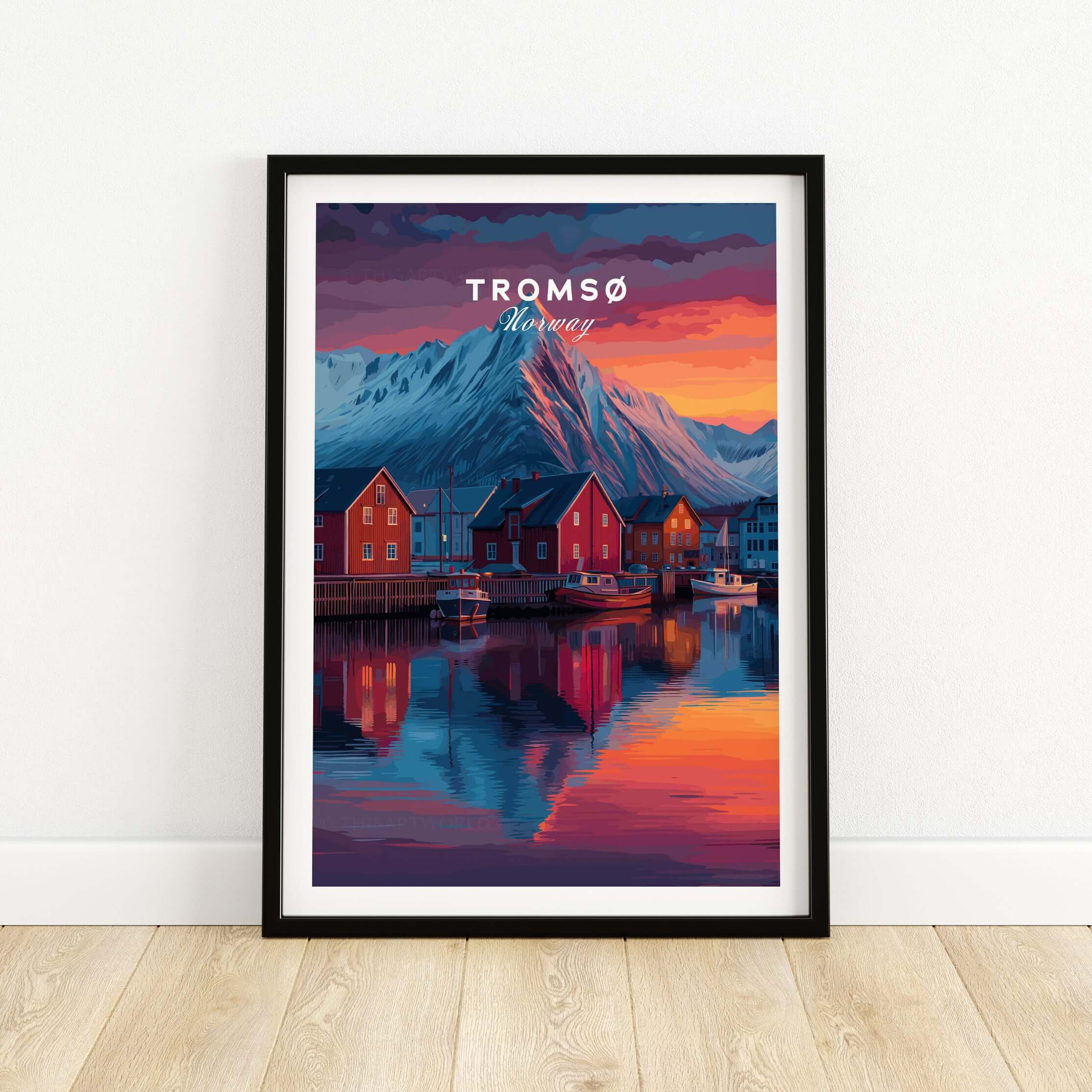 Tromsø Poster Arctic Fjord Town Print | Norwegian Wall Art showcasing vibrant Arctic landscape and colorful houses.