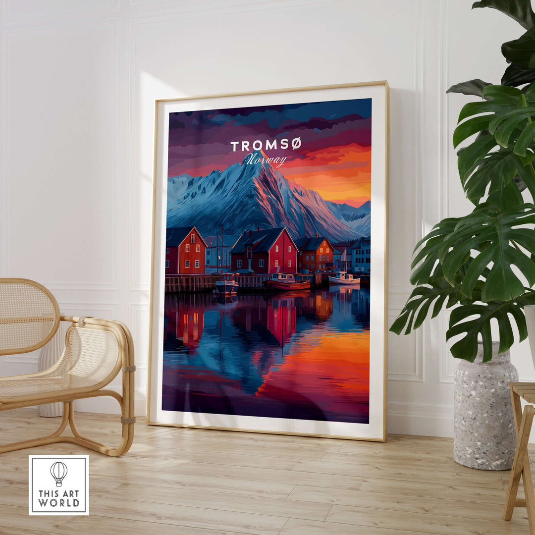 Tromsø Poster Arctic Fjord Town Print | Norwegian Wall Art featuring vibrant sunset landscape and scenic reflections.