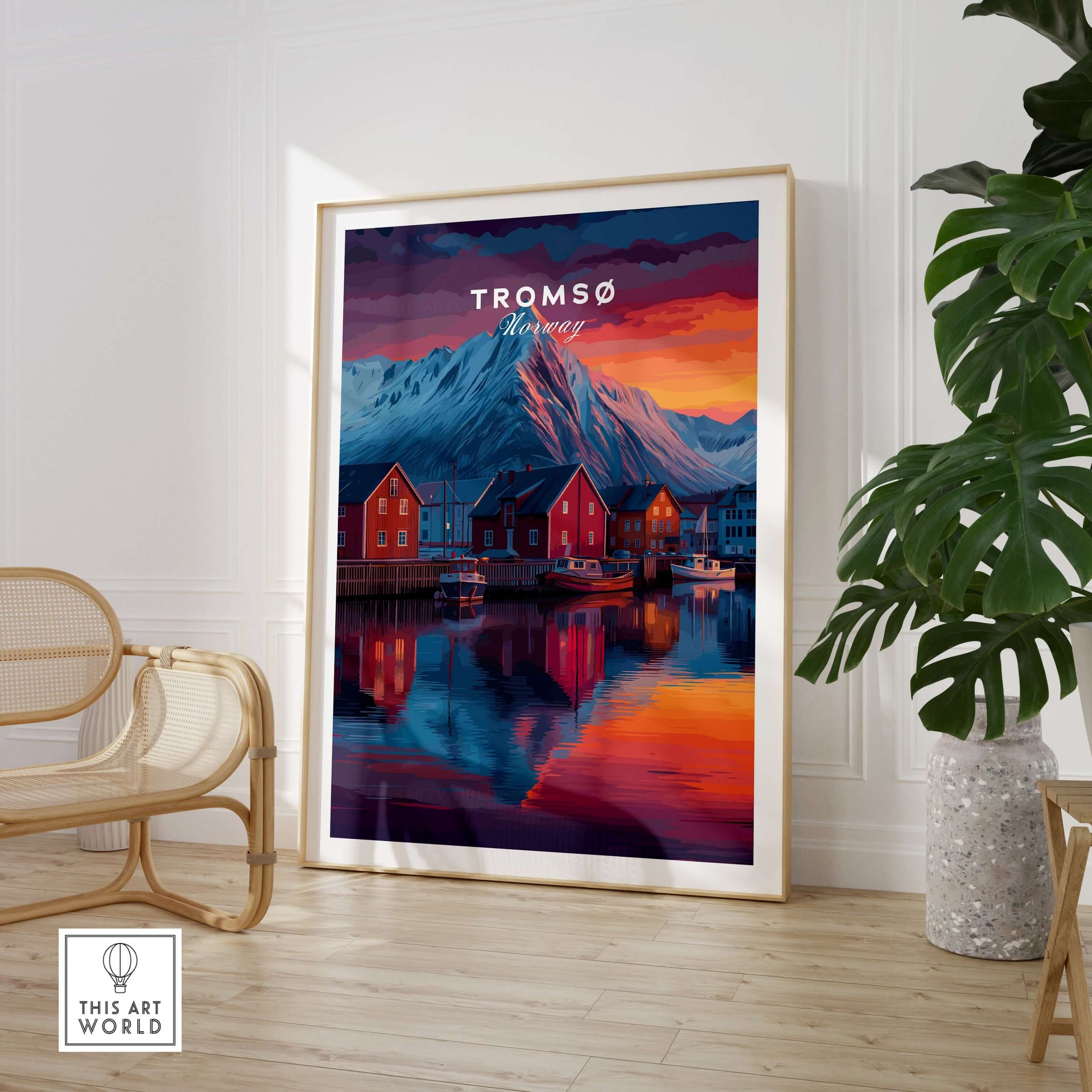 Tromsø Poster Arctic Fjord Town Print | Norwegian Wall Art framed in modern interior setting with plants.