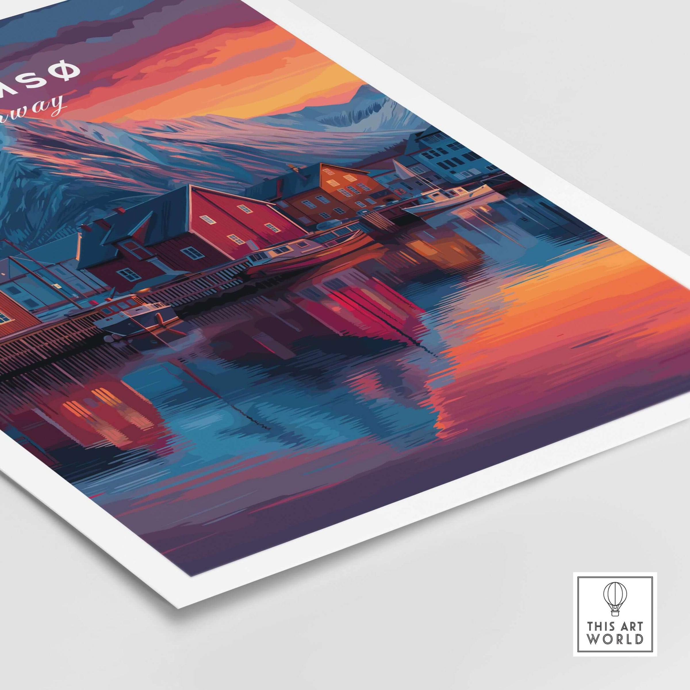 Tromsø Poster Arctic Fjord Town Print | Norwegian Wall Art featuring colorful houses and mountains at sunset.