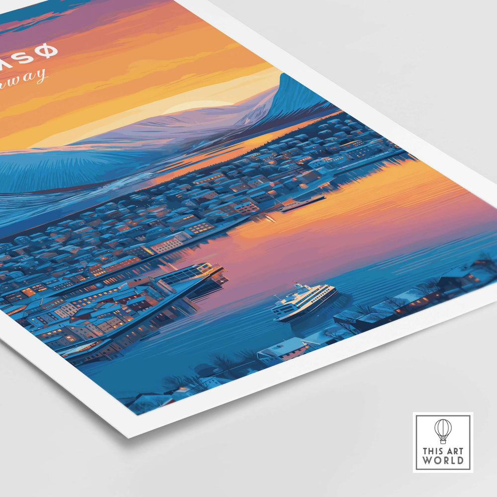 Tromsø City Lights and Snowy Hills Print | Northern Norway Wall Decor showcasing vibrant colors of the winter landscape.