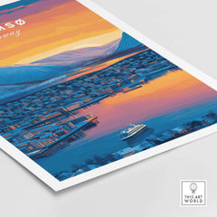 Tromsø City Lights and Snowy Hills Print | Northern Norway Wall Decor showcasing a vibrant sunset over the city.