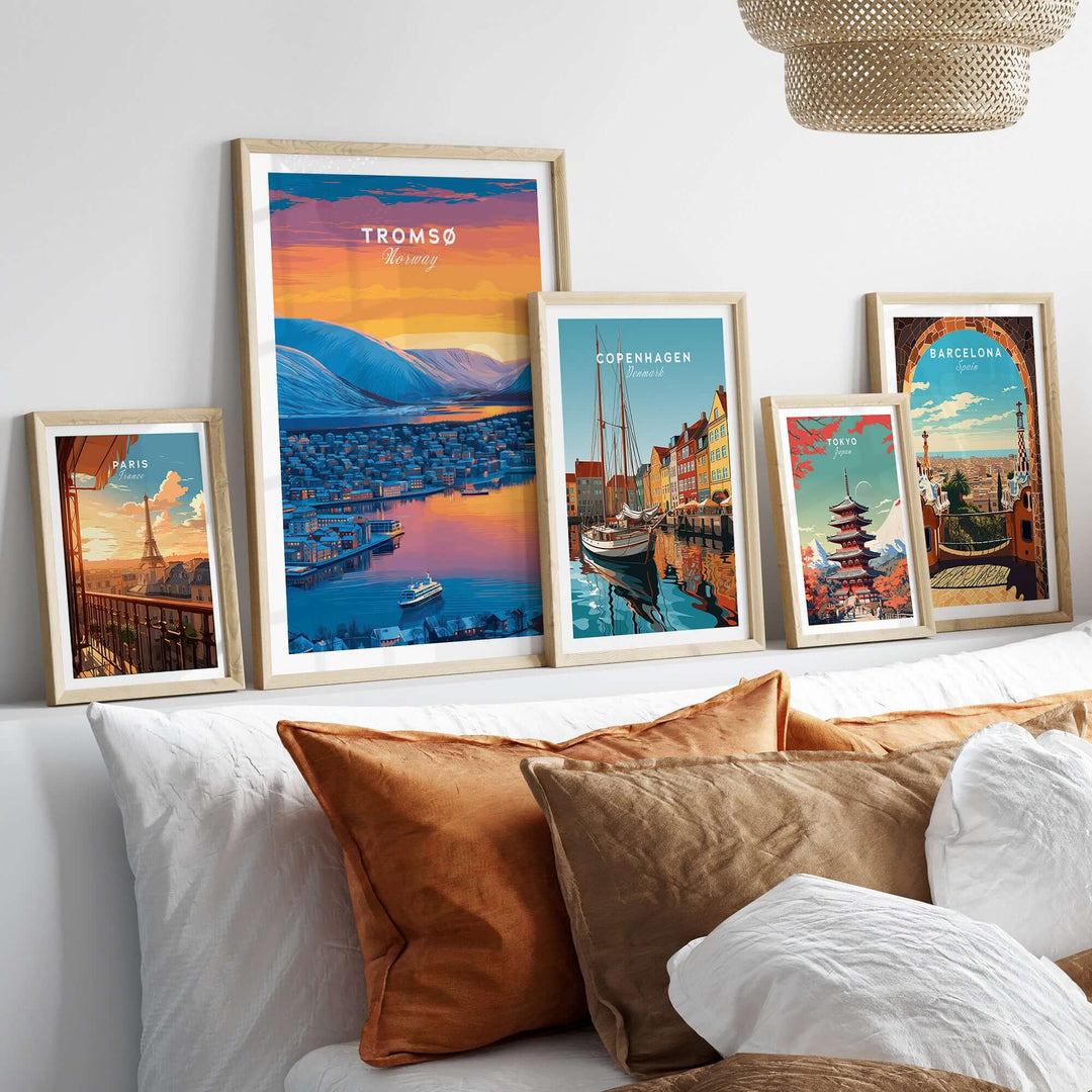 Tromsø City Lights and Snowy Hills Print | Northern Norway Wall Decor displayed with other city prints.