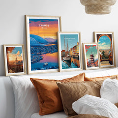 Tromsø City Lights and Snowy Hills Print | Northern Norway Wall Decor displayed among various city prints.