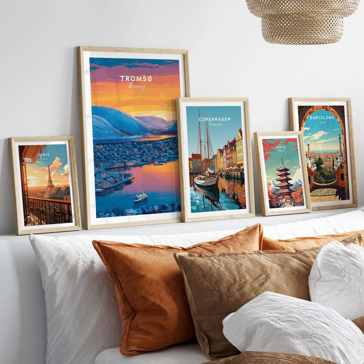 Tromsø City Lights and Snowy Hills Print | Northern Norway Wall Decor displayed with other city prints.