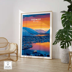 Tromsø City Lights and Snowy Hills Print | Northern Norway Wall Decor showcasing city lights at sunset.
