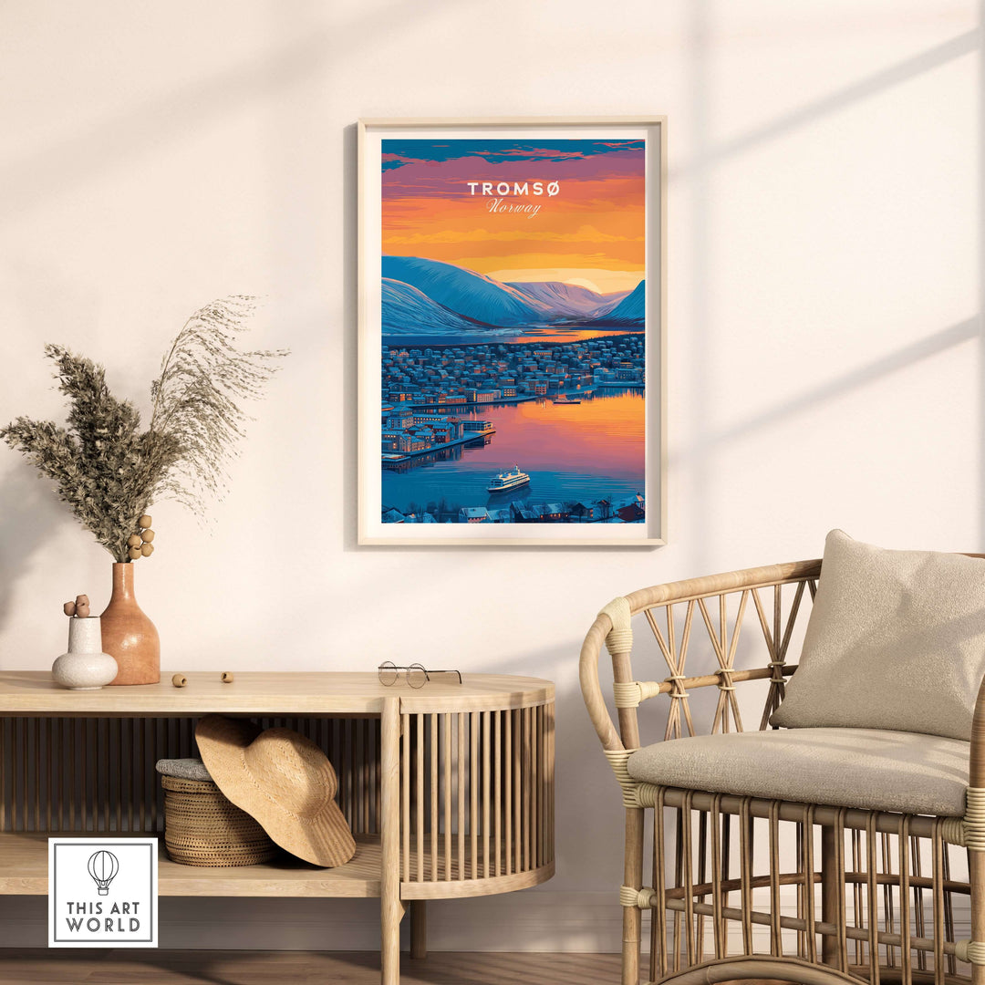 Tromsø City Lights and Snowy Hills Print | Northern Norway Wall Decor in a stylish living room setting.