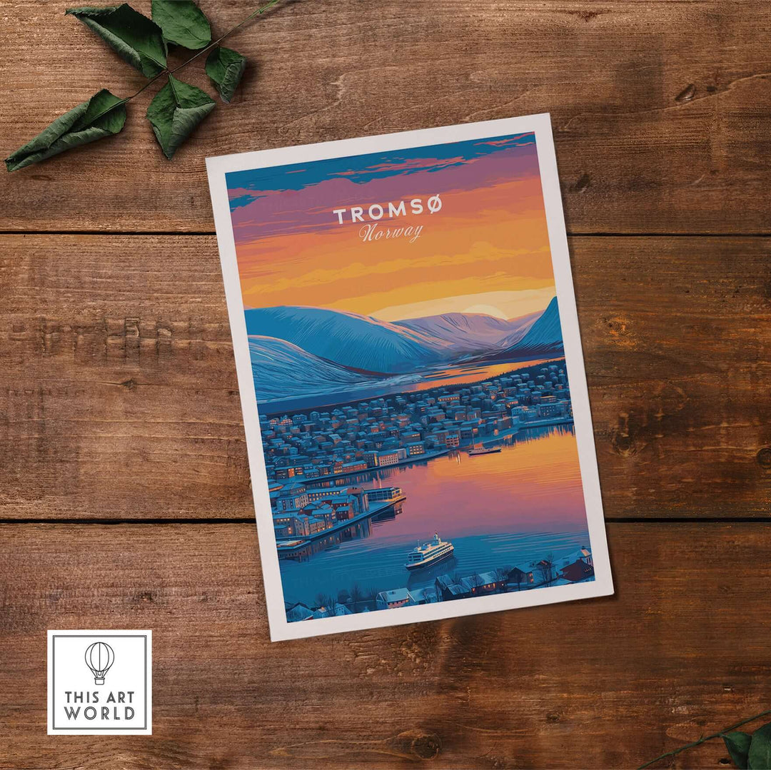 Tromsø City Lights and Snowy Hills Print | Northern Norway Wall Decor showcasing a vibrant landscape of Tromsø.