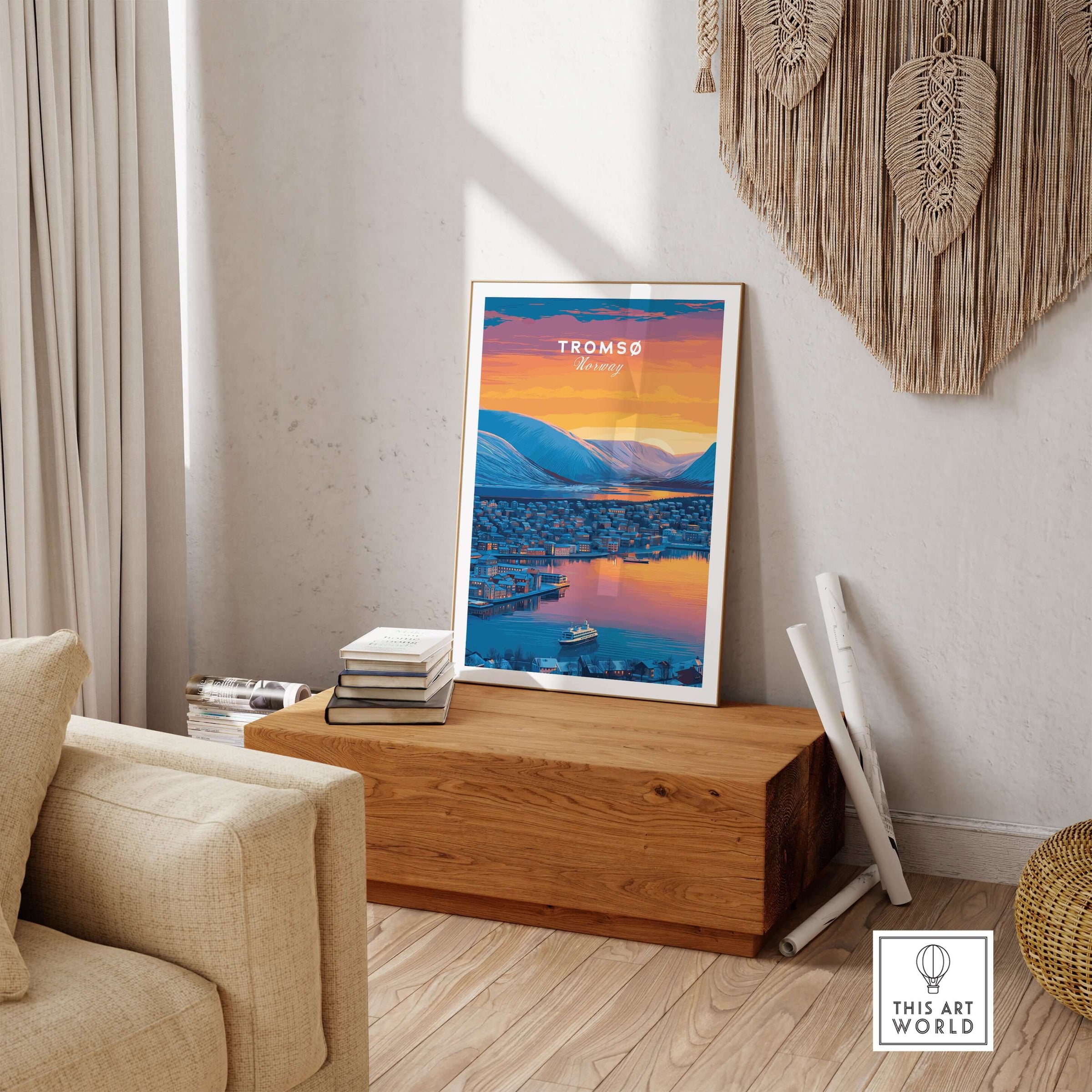 Tromsø City Lights and Snowy Hills Print | Northern Norway Wall Decor displayed in a cozy living room.