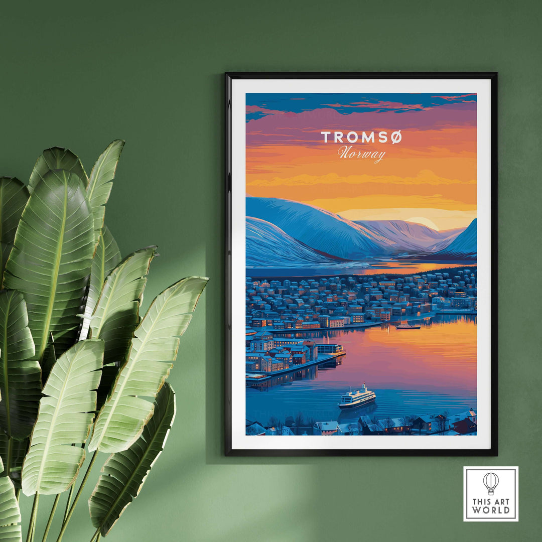 Tromsø City Lights and Snowy Hills Print | Northern Norway Wall Decor showcasing vibrant scenery in a cozy room.