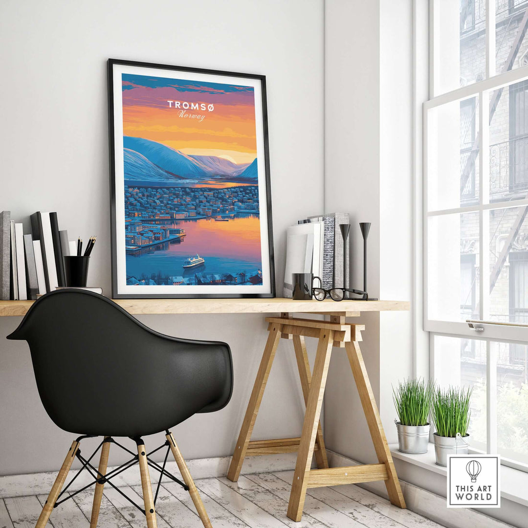 Tromsø City Lights and Snowy Hills Print | Northern Norway Wall Decor in a modern office setting.