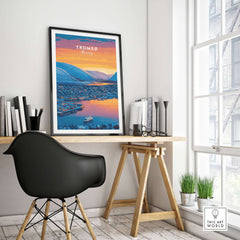 Tromsø City Lights and Snowy Hills Print | Northern Norway Wall Decor in modern home office.