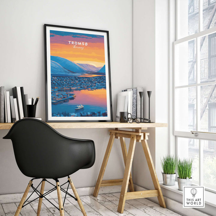 Tromsø City Lights and Snowy Hills Print | Northern Norway Wall Decor in a modern office setting.