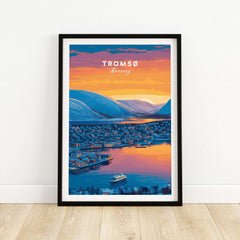 Tromsø City Lights and Snowy Hills Print | Northern Norway Wall Decor showcasing the city at sunset.