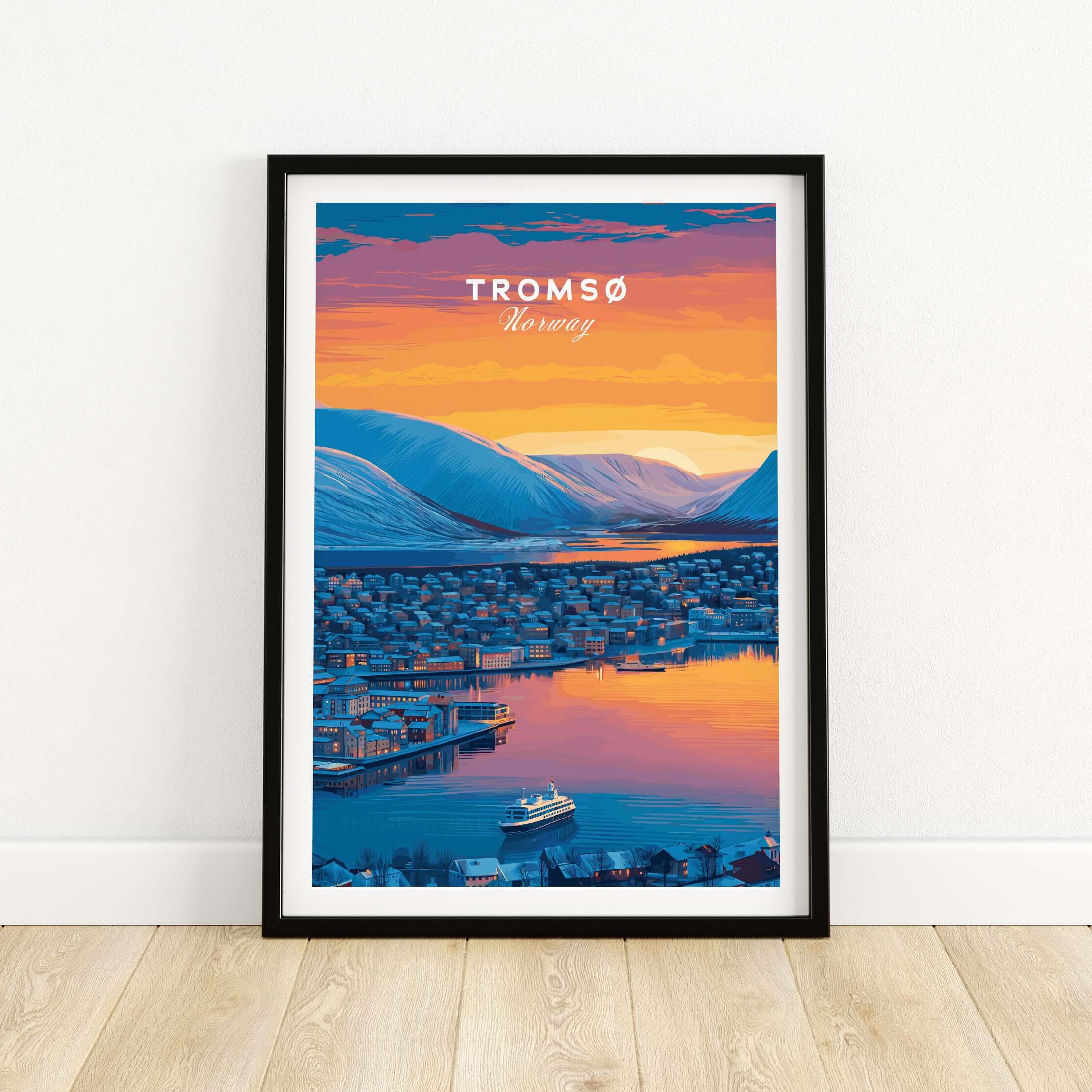 Tromsø City Lights and Snowy Hills Print | Northern Norway Wall Decor showcasing the city at sunset.