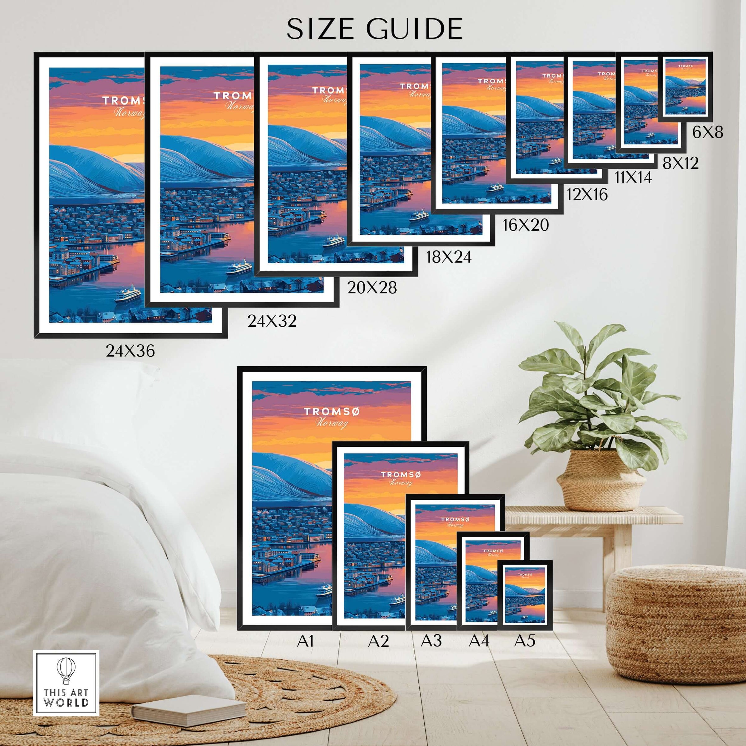 Tromsø City Lights and Snowy Hills Print | Northern Norway Wall Decor size guide with various frame options.