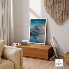 Tromsø Print | Nordic Home Decor Norway Poster displayed in a stylish living room, showcasing arctic landscapes.